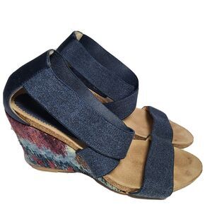ANYI LU SANDALS blue denim fabric stretch wedge heels cork footbed size 7 37.5